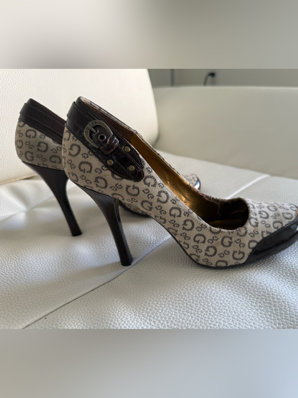 Guess by Marciano Beige and Brown Monogram High Heel Pumps